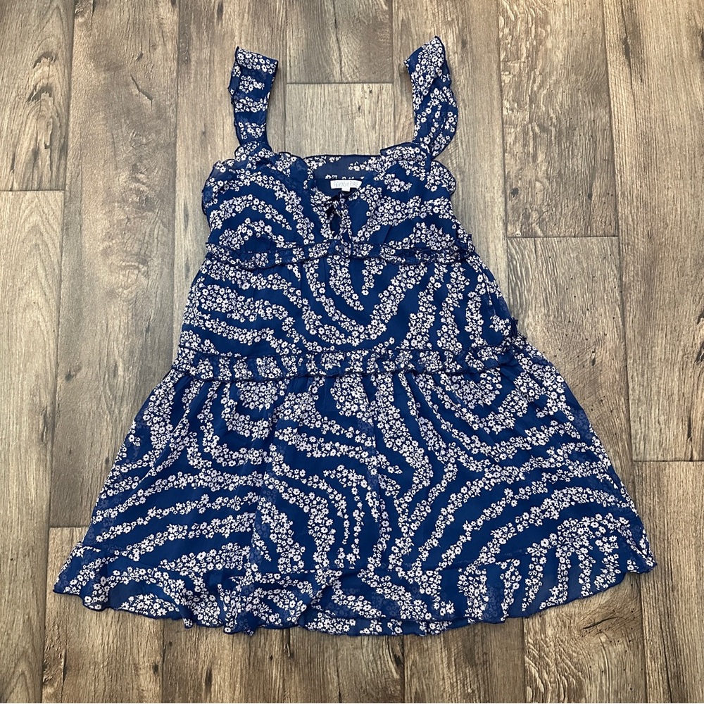 Patrons of Peace Mini Dress Ruffled Sleeveless Summer Vacation Sz M Floral Blue